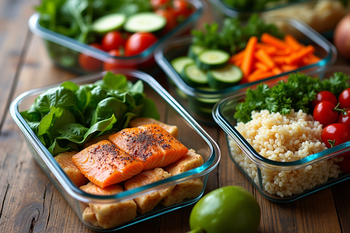 Organisation de repas équilibrés avec légumes et saumon