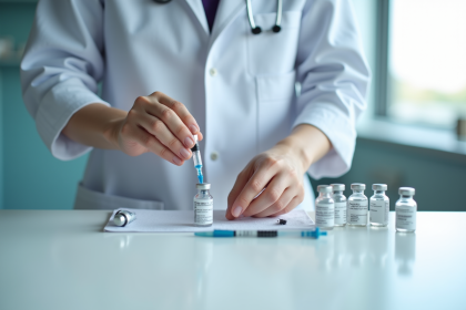Professionnel médical préparant des seringues de vaccin dans une clinique