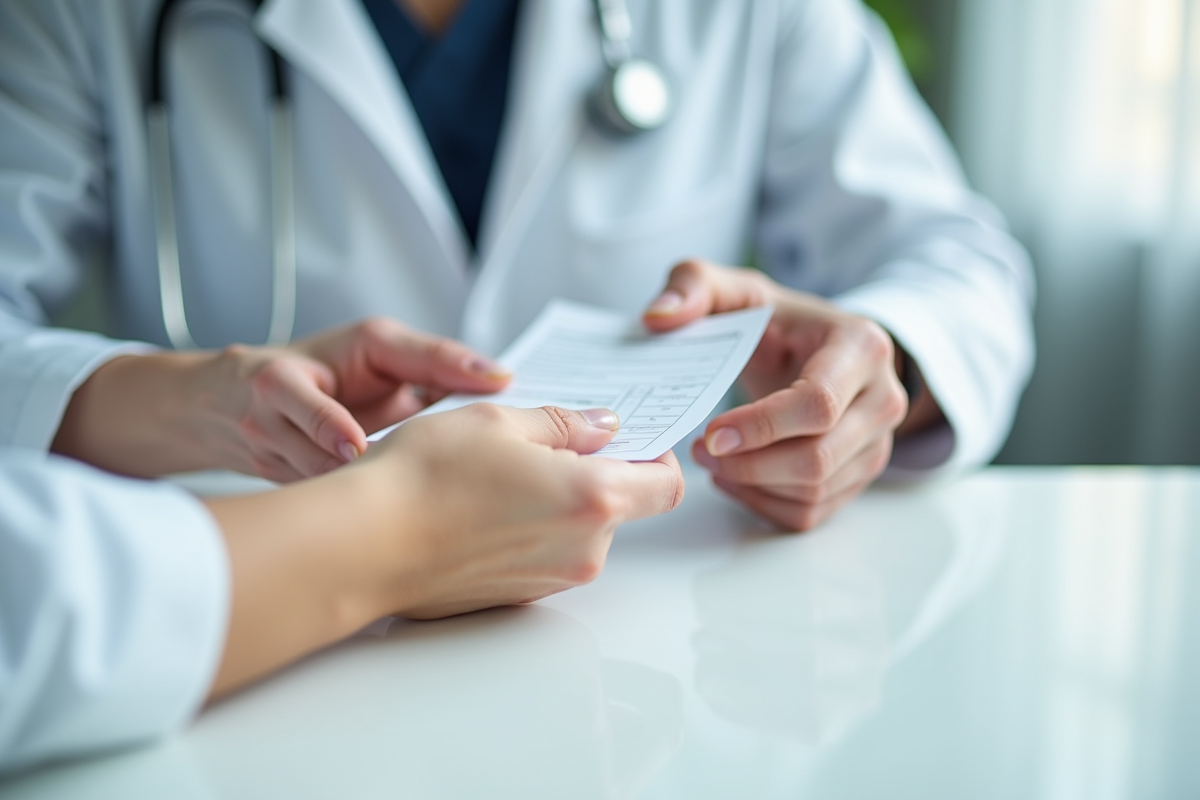 Prescription remise par un dermatologue à un patient sur un bureau blanc