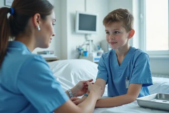 Infirmière pédiatrique réalisant une prise de sang sur un enfant en milieu hospitalier