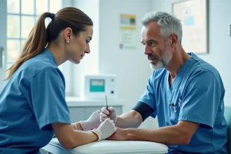 Infirmière prélevant du sang sur un patient adulte dans une salle d'examen médicale pour analyser le taux de TCMH
