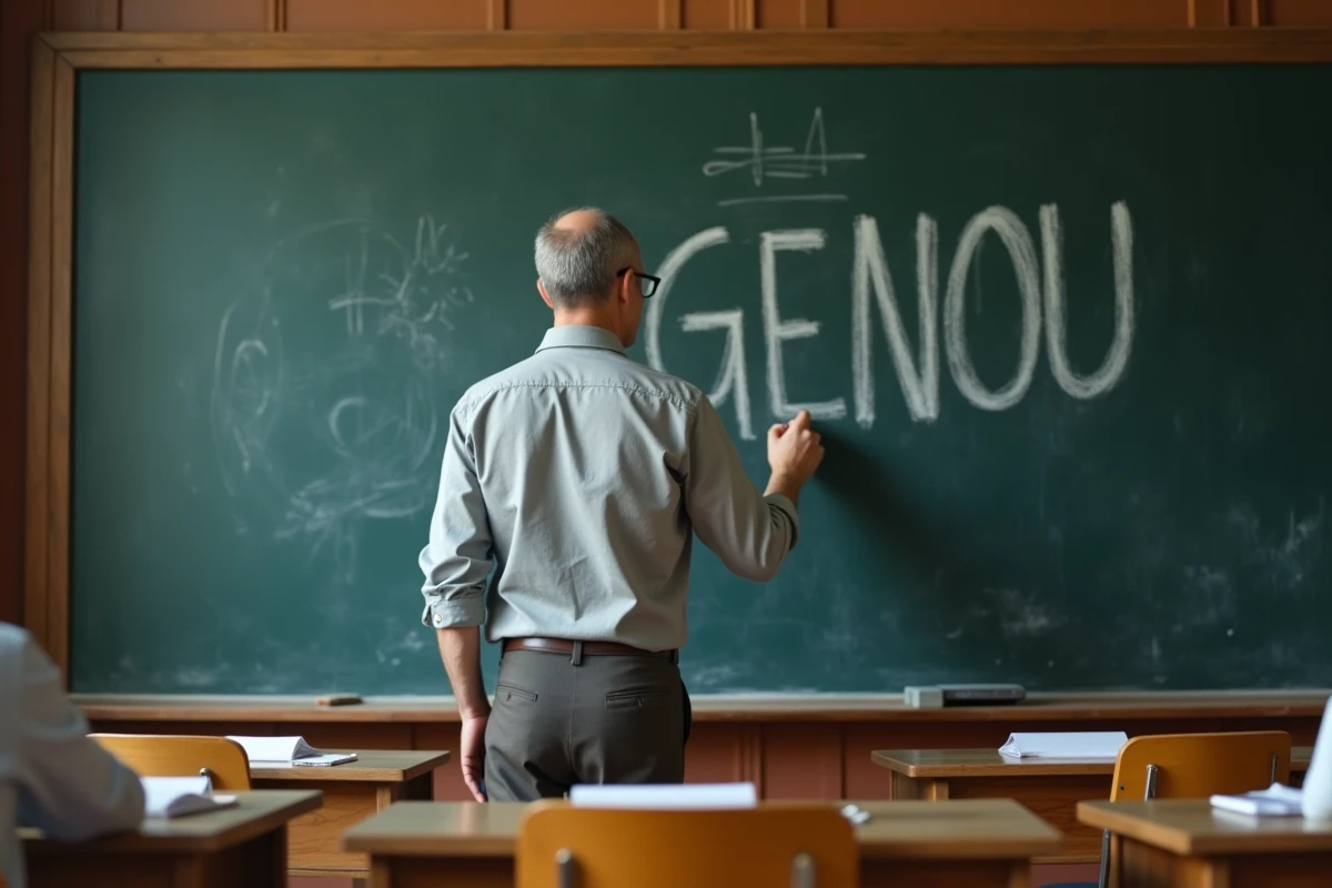 Professeur d'anatomie écrivant le mot genou au tableau dans une salle de classe