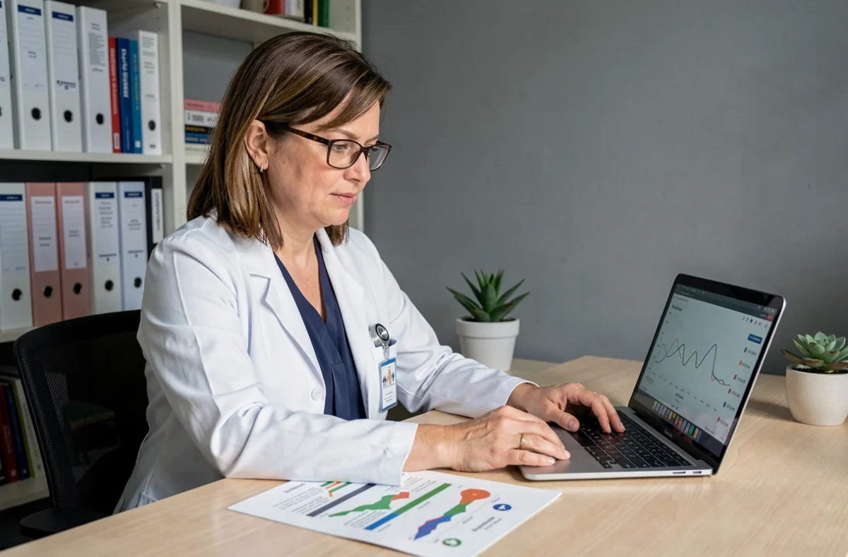 Professionnelle de santé analysant des données de suivi médical à domicile dans le cadre d'un accompagnement Lymphea