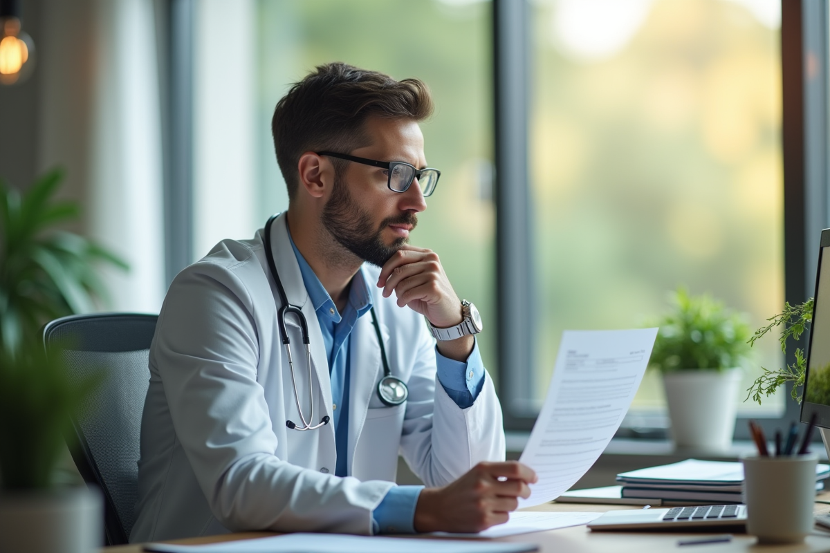 Professionnel pensif avec note de médecin au bureau