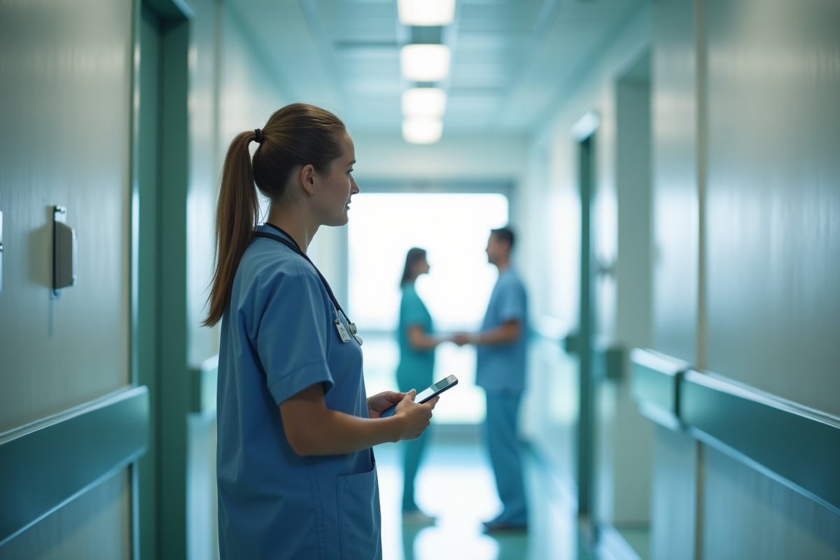 Professionnel de santé dans un couloir d'hôpital lumineux