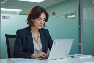 Femme en bureau hospitalier avec badge et documents