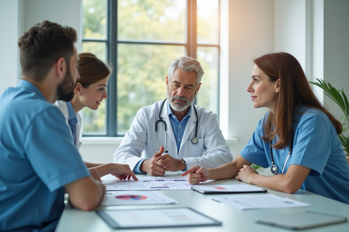 Trois professionnels de santé en réunion lumineuse
