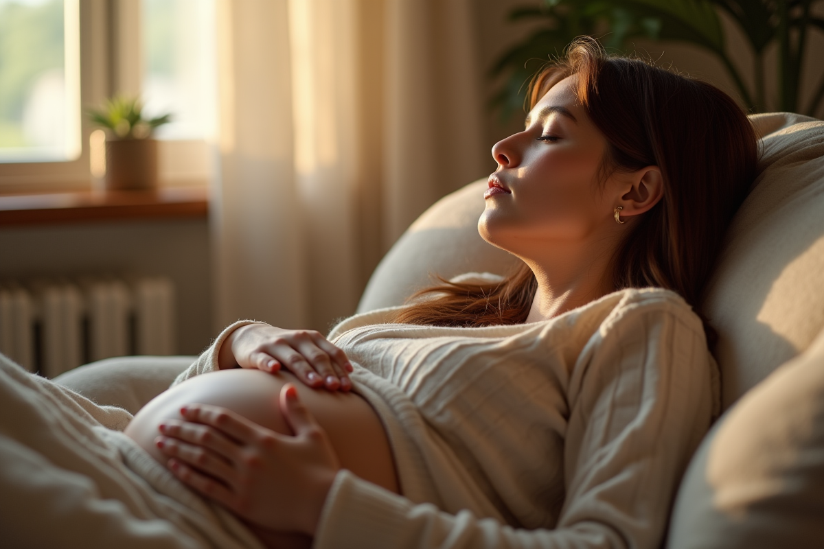 Profil d une femme enceinte dormant paisiblement sur un canapé