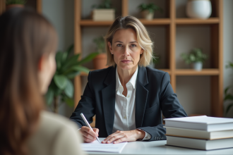 Psychologue femme en séance dans un bureau calme