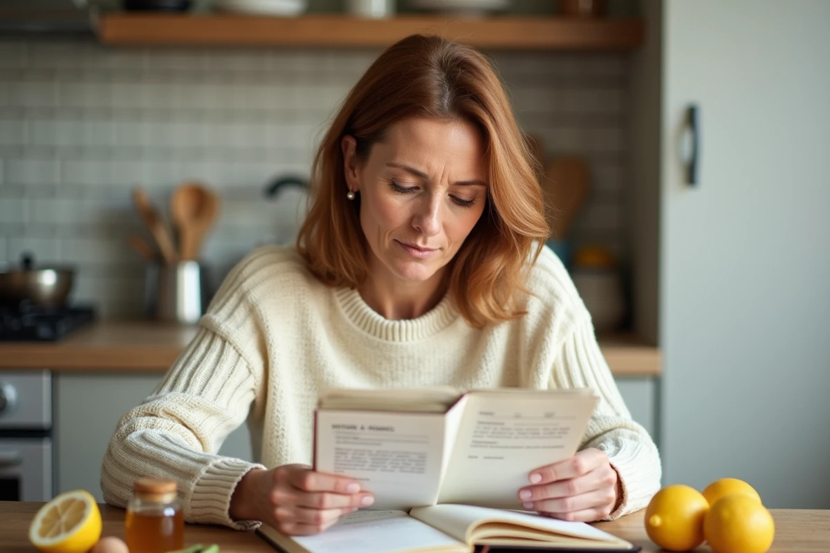 Femme d'âge moyen consultant un carnet de recettes de grand-mère avec des ingrédients naturels contre la verrue séborrhéique dans une cuisine