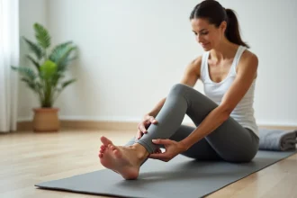 Femme réalisant un exercice d'étirement de la face externe du pied assise sur un tapis de yoga à domicile