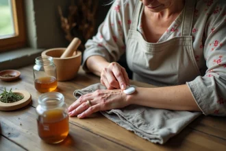 Femme âgée appliquant un remède naturel de grand-mère sur une verrue séborrhéique sur son avant-bras à une table en bois rustique