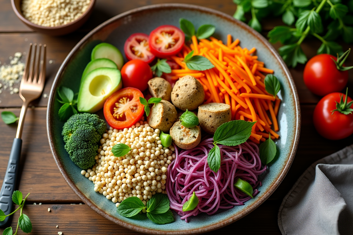 Repas sain avec légumes colorés et grains sur une table en bois