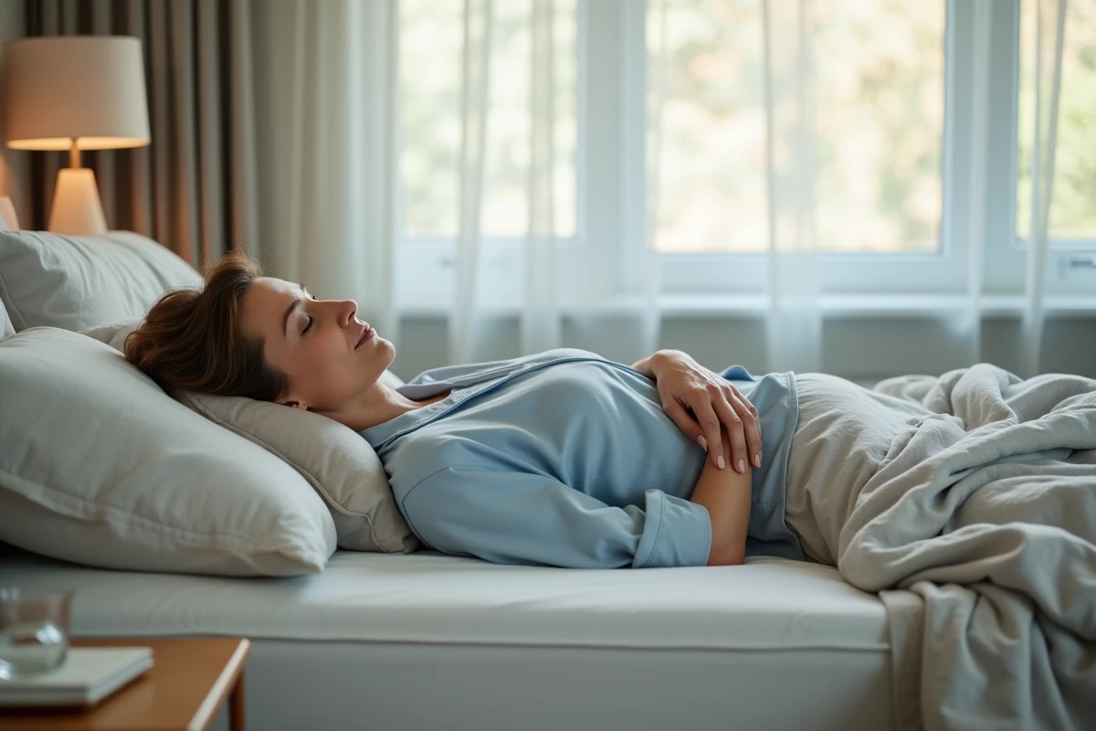 Femme allongée en position de repos avec oreiller entre les genoux pour soulager les douleurs pelviennes liées à la névralgie pudendale