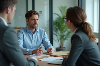 Employé discutant de sa reprise du travail sans certificat final avec un responsable RH dans un bureau professionnel