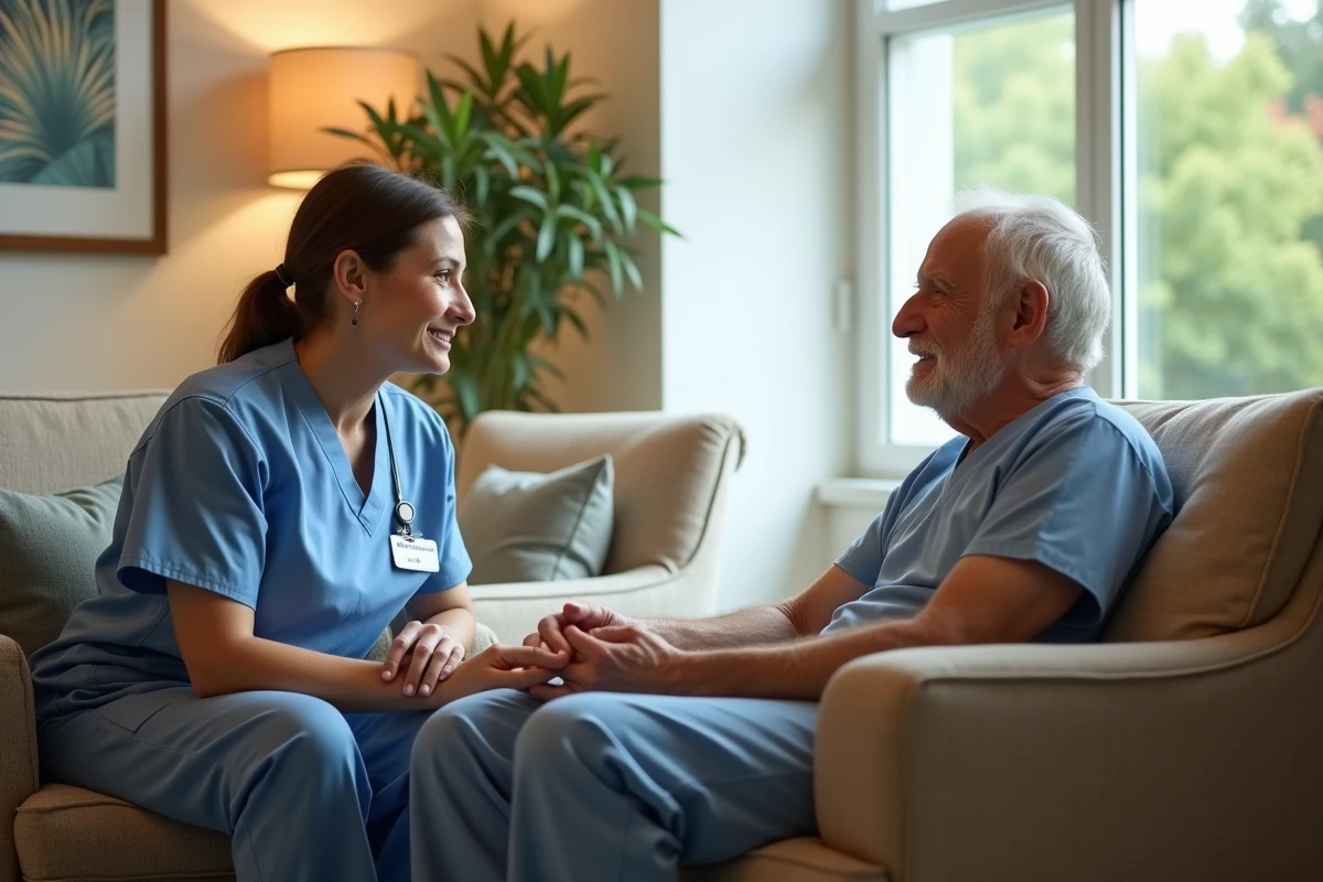 Resident âgé avec infirmière dans salon convivial