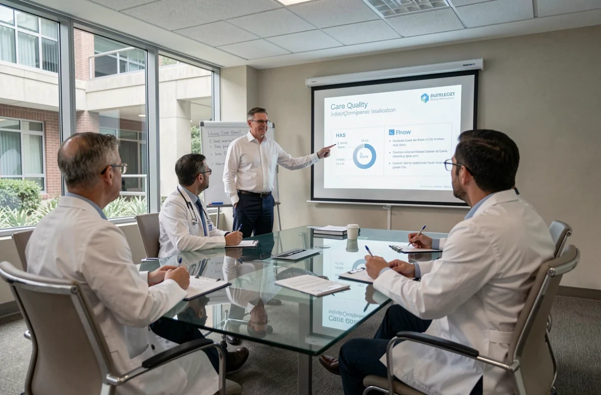 Réunion de conformité HAS dans une salle de conférence hospitalière avec présentation des indicateurs qualité de soins en établissement