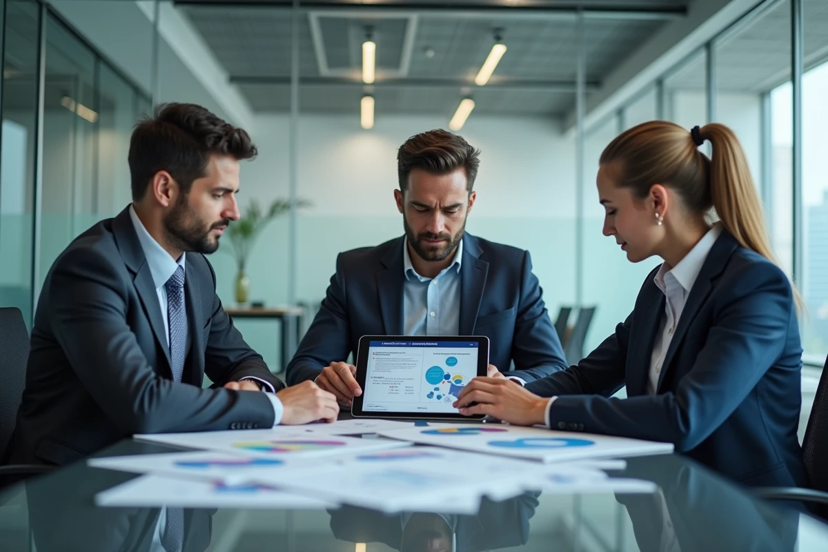 Groupe de trois adultes analysant des documents Nourix en r&eacute;union