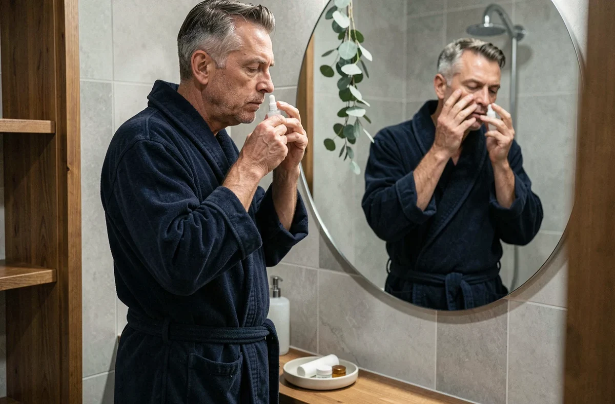 Homme en peignoir appliquant un sérum visage dans la salle de bain, rituel bien-être nocturne