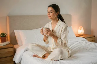 Femme en pyjama lin tenant une tasse chaude sur son lit, rituel du soir pour mieux dormir