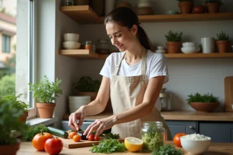 Femme triant des légumes et des bocaux en verre dans une cuisine minimaliste et zéro déchet, illustrant une routine quotidienne de consommation responsable