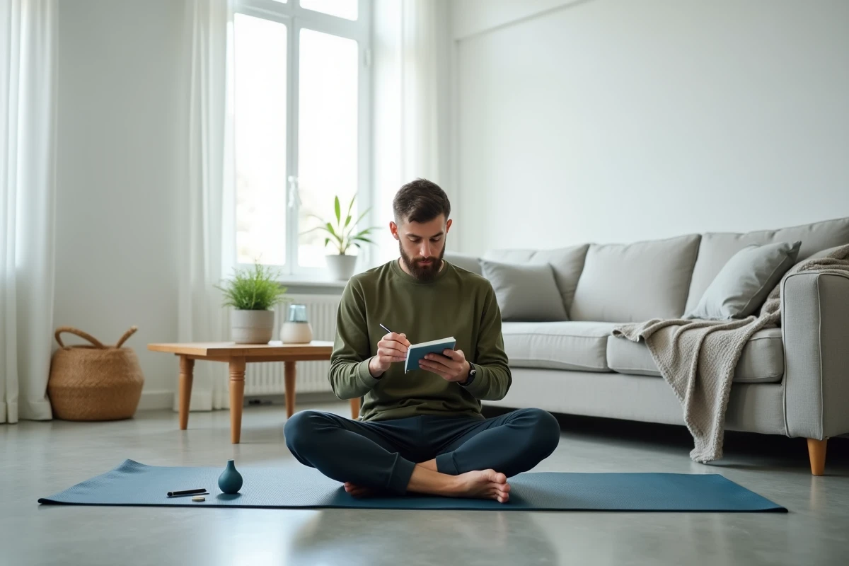 Homme consultant son carnet de routines matinales dans un salon épuré et minimaliste, symbolisant une organisation quotidienne pour mieux vivre avec moins