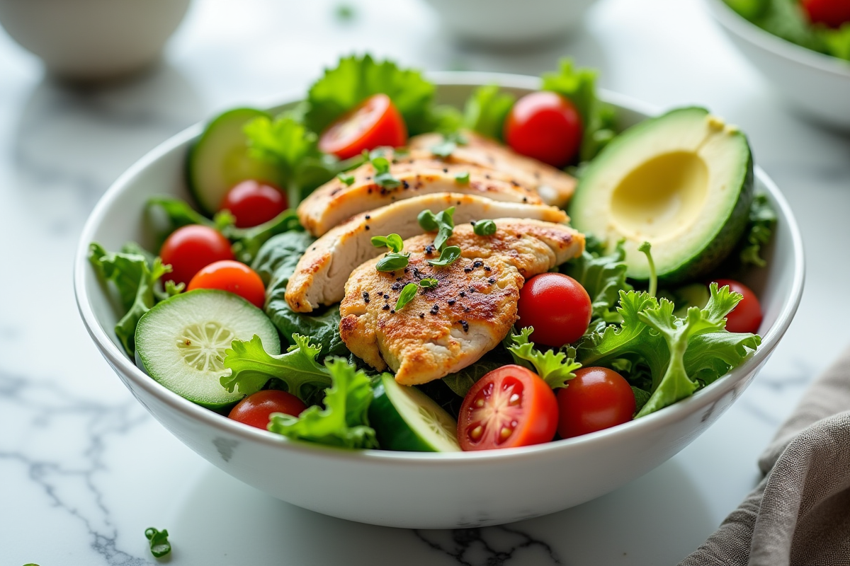 Salade colorée dans un bol avec poulet et avocat