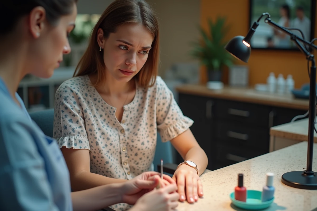 Manucure en cours dans un salon avec une cliente présentant des ongles blancs, illustration des gestes agressifs à éviter