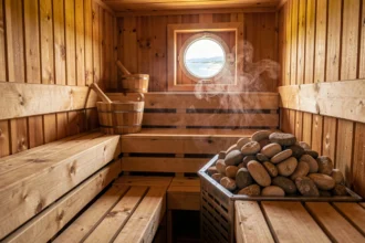 Intérieur d'un sauna en bois traditionnel dans un spa du littoral de Charente-Maritime, avec bancs en pin, pierres chauffantes et ambiance vapeur