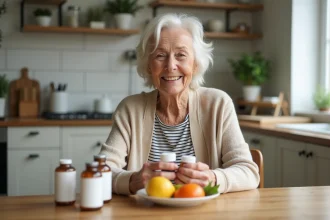 Femme senior souriante dans la cuisine avec vitamines