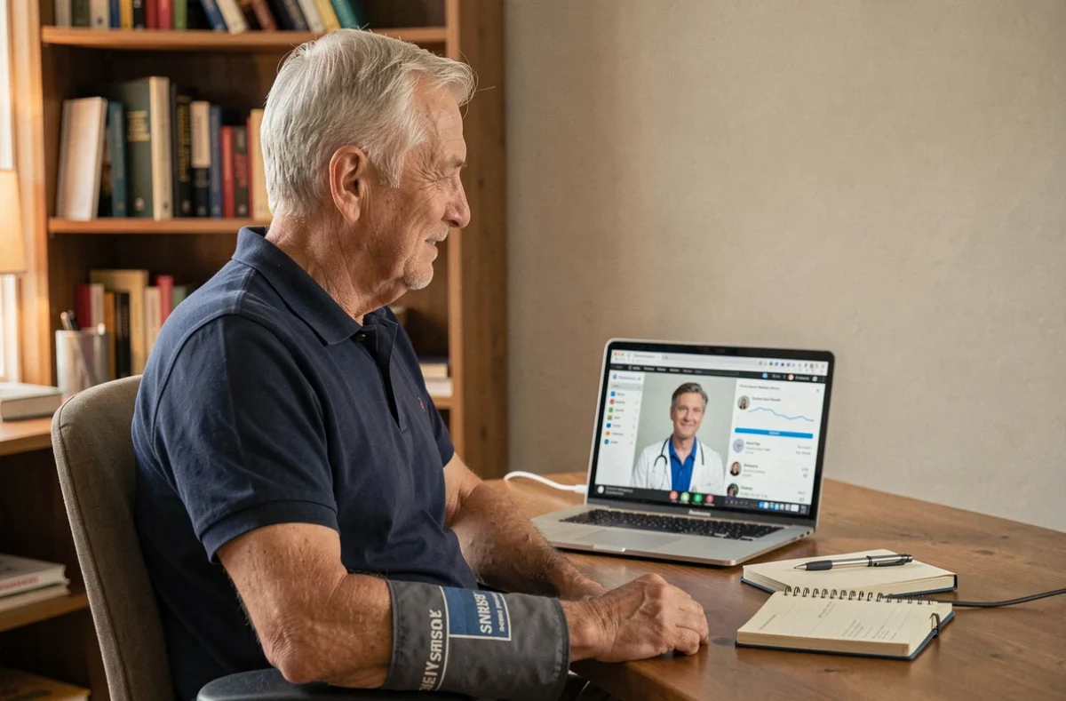 Senior en téléconsultation médicale depuis son bureau à domicile avec application de gestion de santé ouverte sur ordinateur portable
