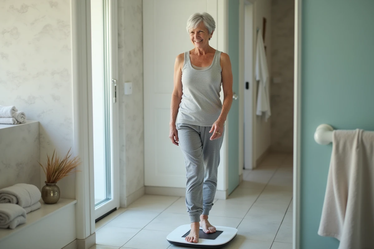 Femme senior souriante sur balance dans salle de bain