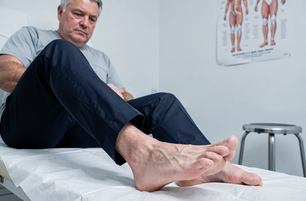 Homme d'âge mûr relevant son pantalon pour exposer le dessus du pied droit lors d'une consultation médicale