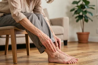 Femme d'âge moyen examinant le dessus de son pied gauche avec une expression préoccupée, assise dans un salon chaleureux