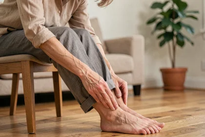 Femme d'âge moyen examinant le dessus de son pied gauche avec une expression préoccupée, assise dans un salon chaleureux