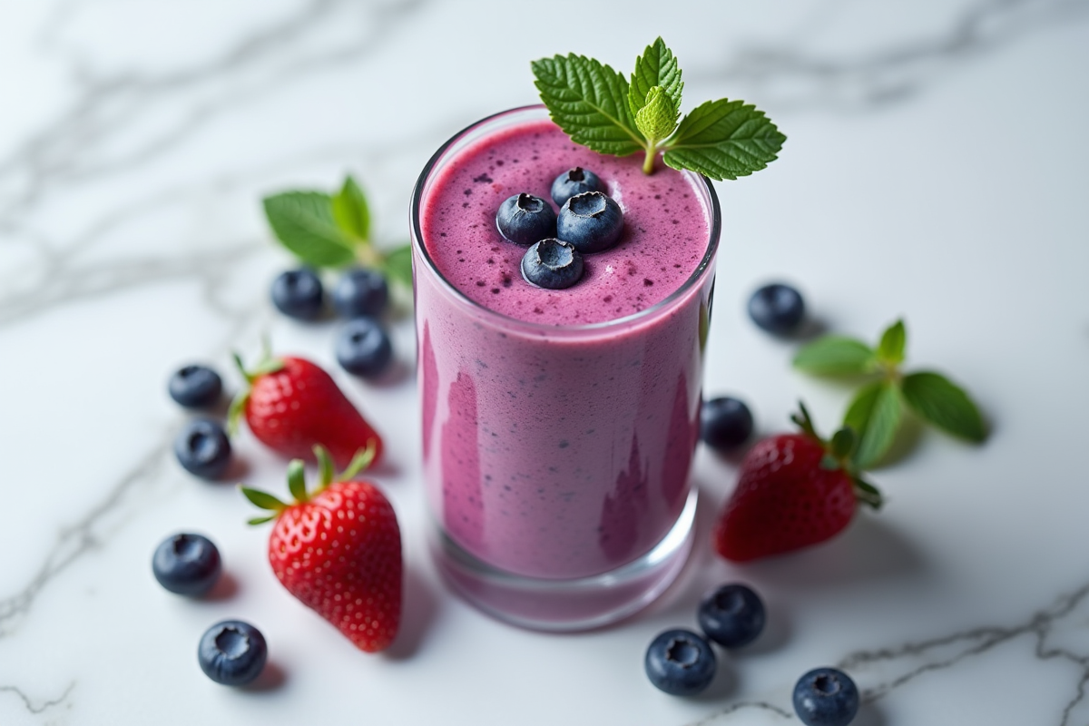 Smoothie aux myrtilles avec fruits et menthe sur marbre blanc