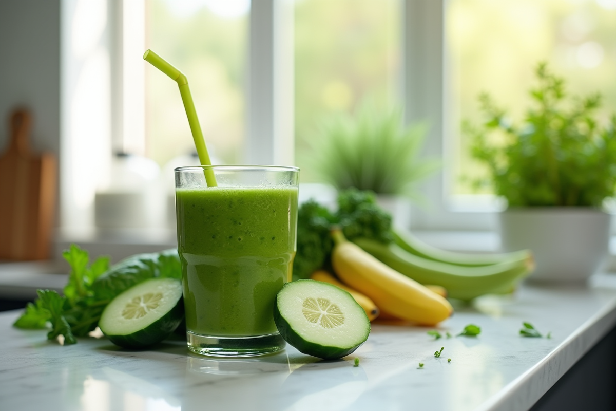 Smoothie vert aux légumes frais sur plan de travail