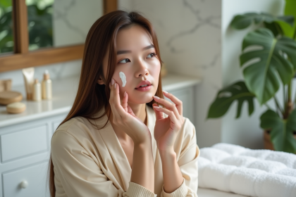 Femme appliquant une creme hydratante visage dans un spa