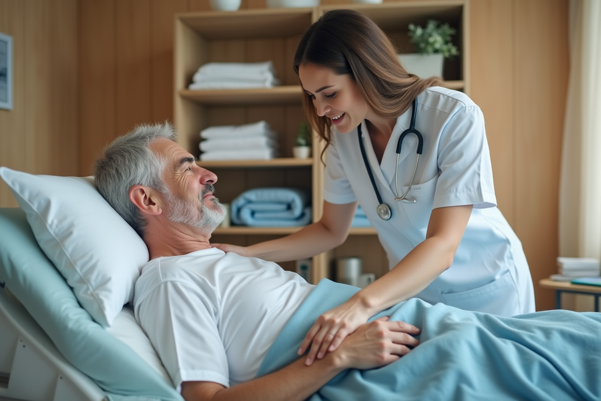 Jeune aide soignant ajustant un coussin à un patient assis