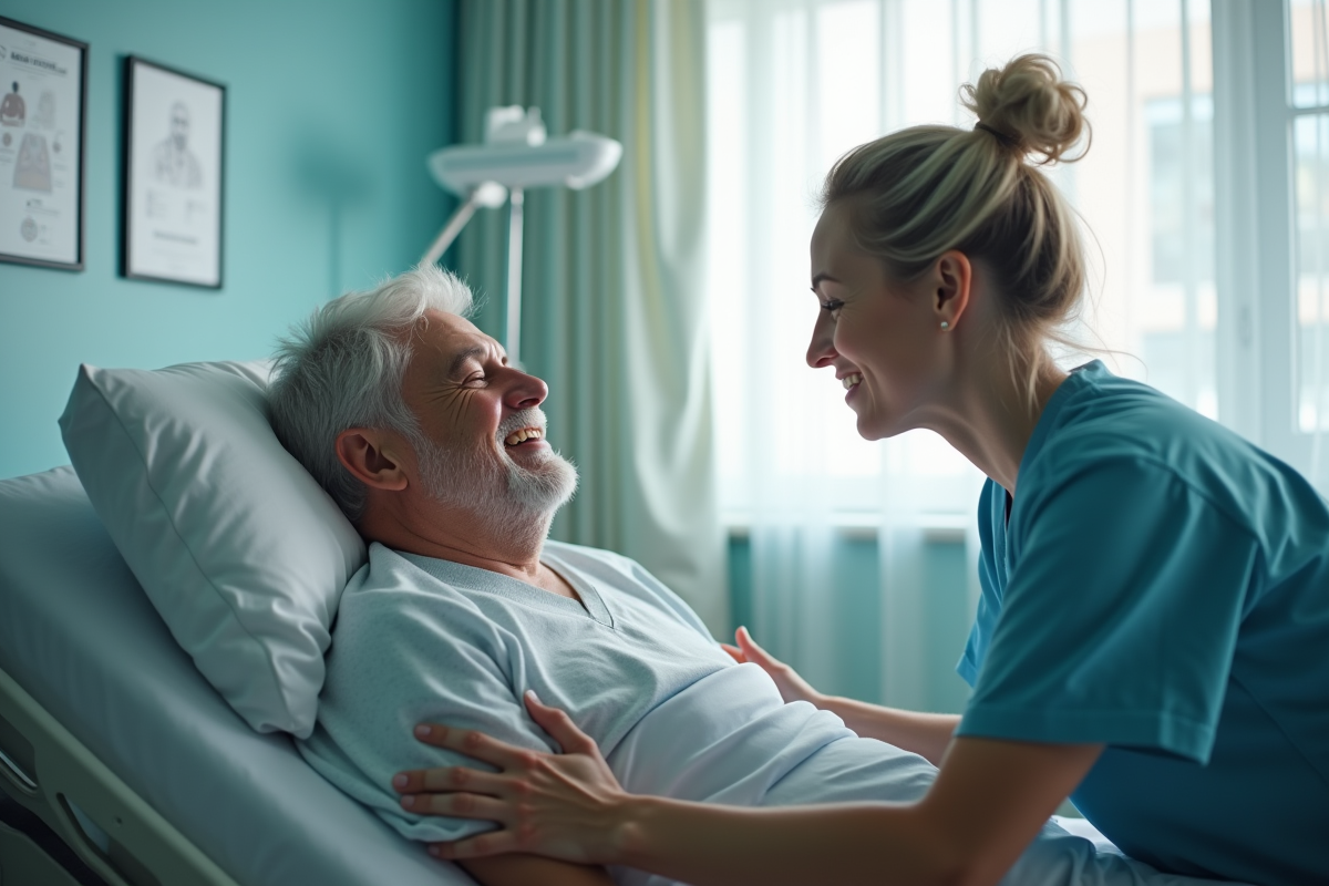 Professionnel de santé rassure un patient dans une chambre d