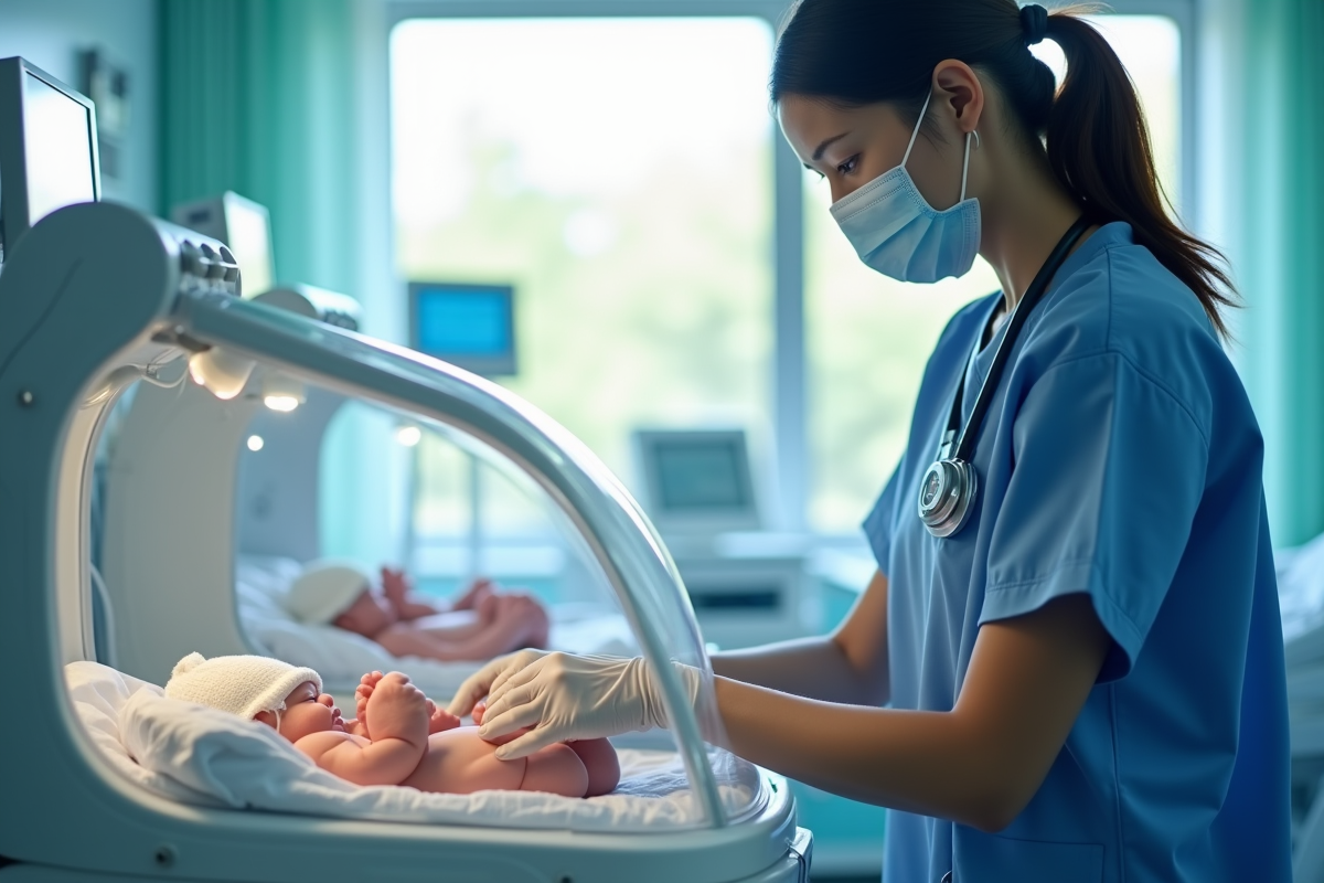 Infirmière néonatale surveillant deux incubateurs avec bébés prématurés