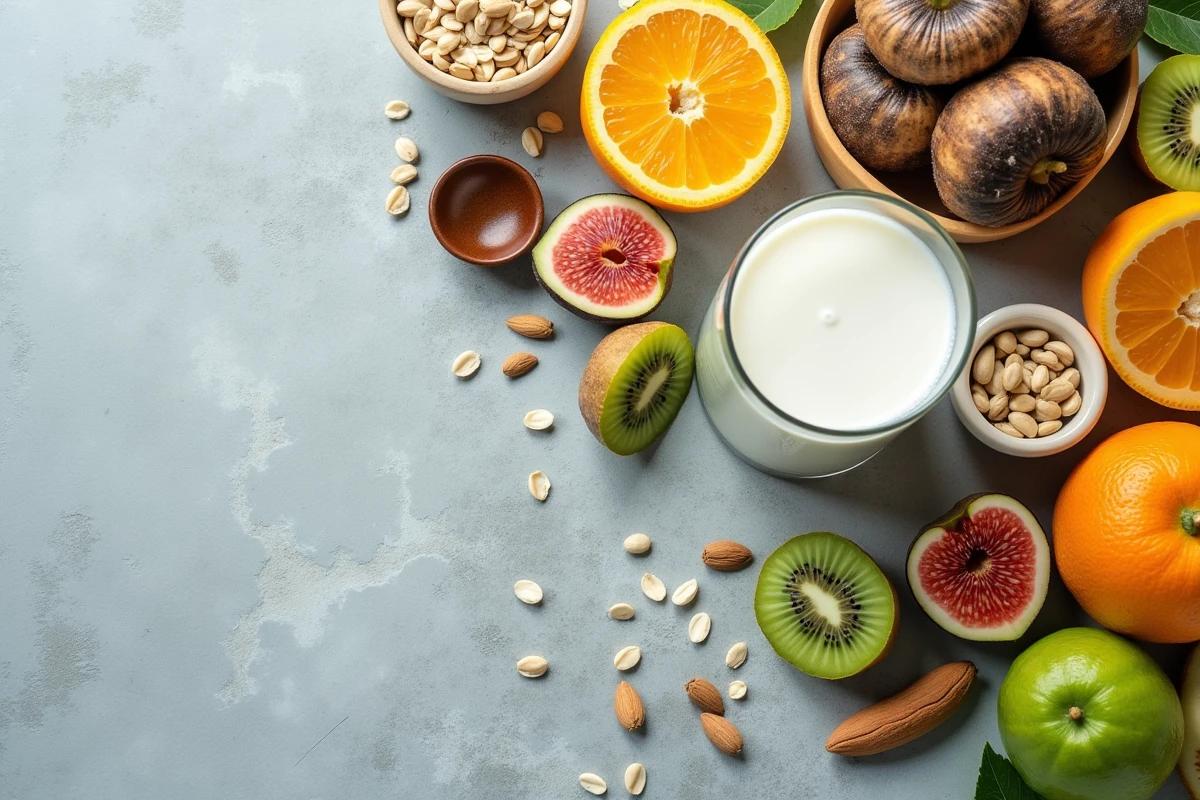 Flat lay de fruits et aliments végétaux sources de vitamine D pour régime vegan