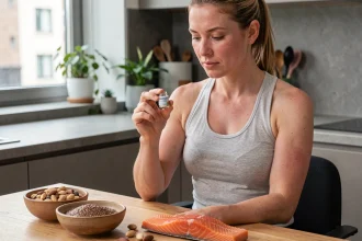 Sportive tenant une capsule d'oméga-3 avec des aliments riches en acides gras essentiels sur une table en bois dans une cuisine moderne