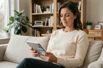 Femme utilisant une application de suivi médical sur tablette à domicile pour un suivi de santé complet avec Lymphea avis