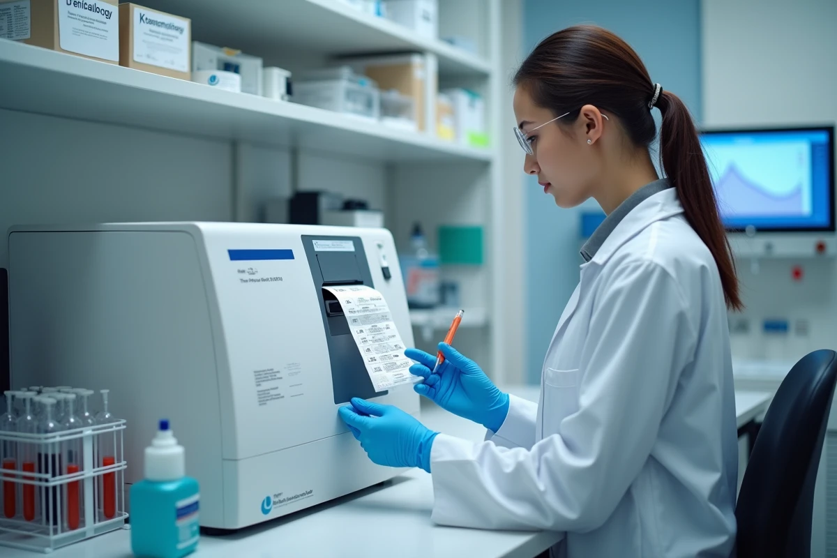 Technicienne de laboratoire lisant les résultats d'un hémogramme sur un analyseur hématologique automatisé