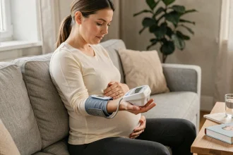 Femme enceinte assise sur un canapé vérifiant sa tension artérielle avec un tensiomètre connecté au poignet