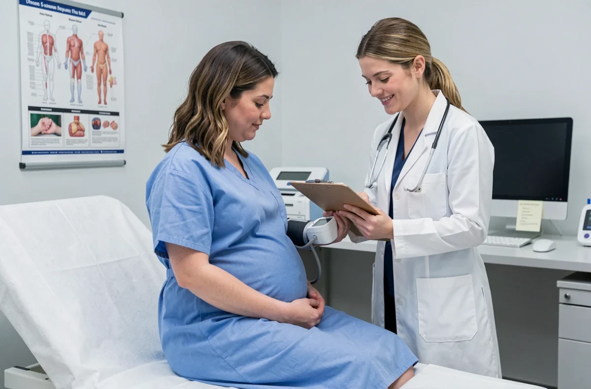 Femme enceinte en consultation médicale utilisant un tensiomètre au poignet sous la supervision d'une sage-femme