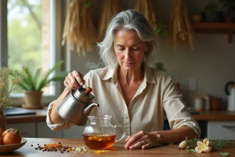 Femme préparant une tisane à base de plantes médicinales contre l'arthrose dans une cuisine rustique
