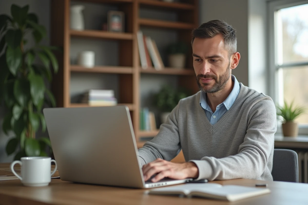 Homme travaillant &agrave; domicile avec ordinateur hospitalier