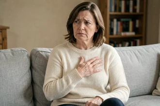 Femme d'âge moyen assise sur un canapé, main sur la poitrine, exprimant une sensation de vibration intérieure ou d'inconfort physique